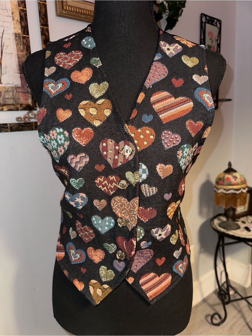 Vintage 90s Mirrors Heart-Print Black Women's Vest - Multicolor Heart Design, L